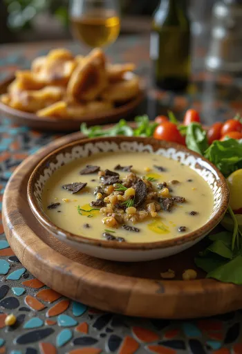 بانيا كودا بالكمأة تقدم مع خضروات وخبز