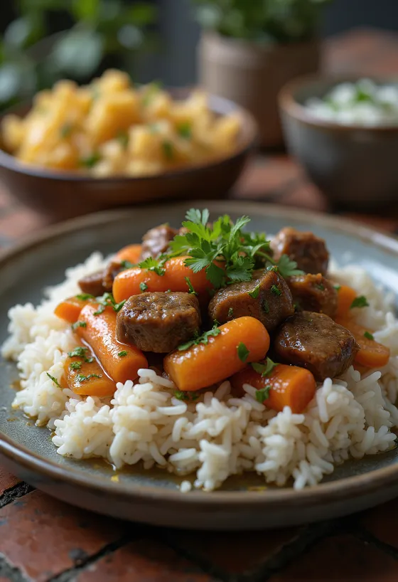 حساء لحم البقر بو خو، مقدم مع الأرز