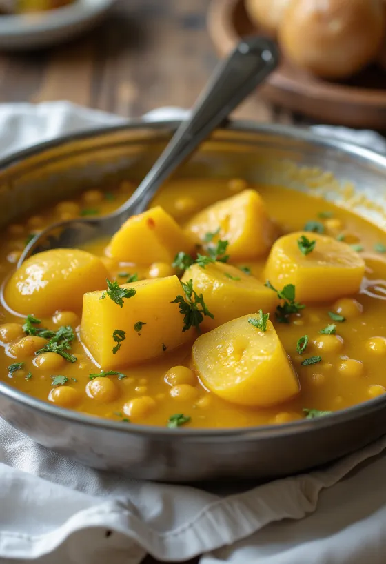 غوغني بالبطاطس يقدم مع خضروات غنية