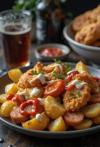 سالشيباباس مع الدجاج المحمر، يقدم مع بطاطس مقرمشة ونقانق