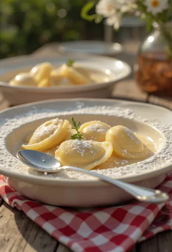 رافيولي بصلصة الكسترد مقدم في طبق