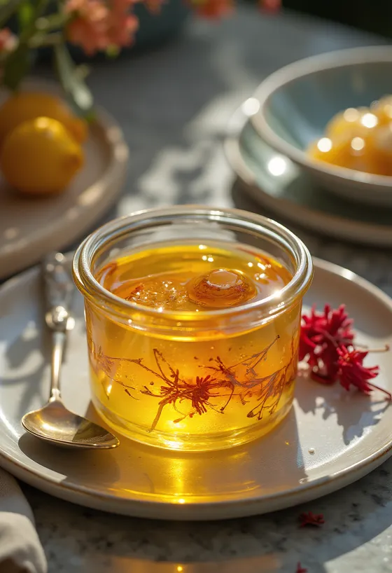 برطمان زجاجي يحتوي على سمن ذهبي صافٍ مع خيوط زعفران