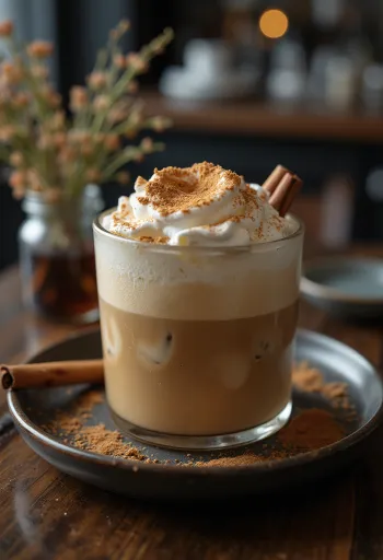 مشروب قهوة فرابيه بالقرفة والنعناع مزين بالكريمة المخفوقة وعود القرفة وأوراق النعناع