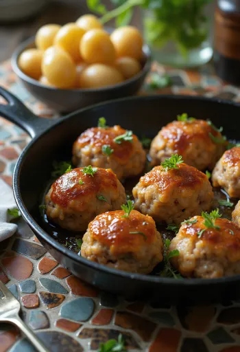 كرات لحم مقلية بنية اللون مع بطاطس