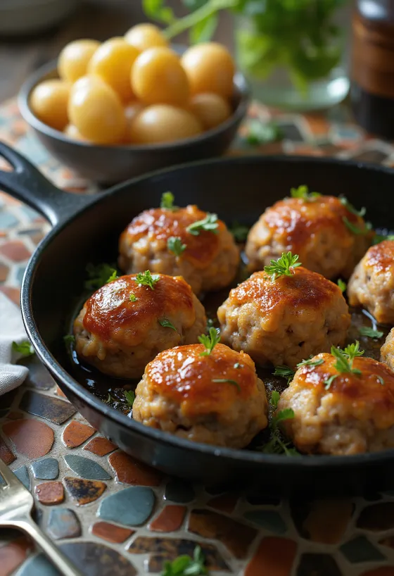 كرات لحم مقلية بنية اللون مع بطاطس