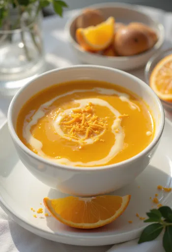 شوربة جزر كريمية بالعسل والبرتقال مقدمة في طبق