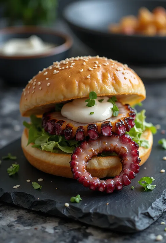 خبز الباو بالأخطبوط المشوي يقدم