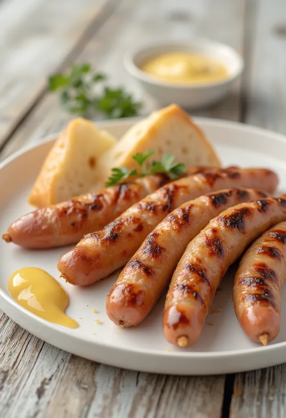 نقانق مشوية ذهبية بقشرة مقرمشة، مقدمة مع خردل وخبز طازج.