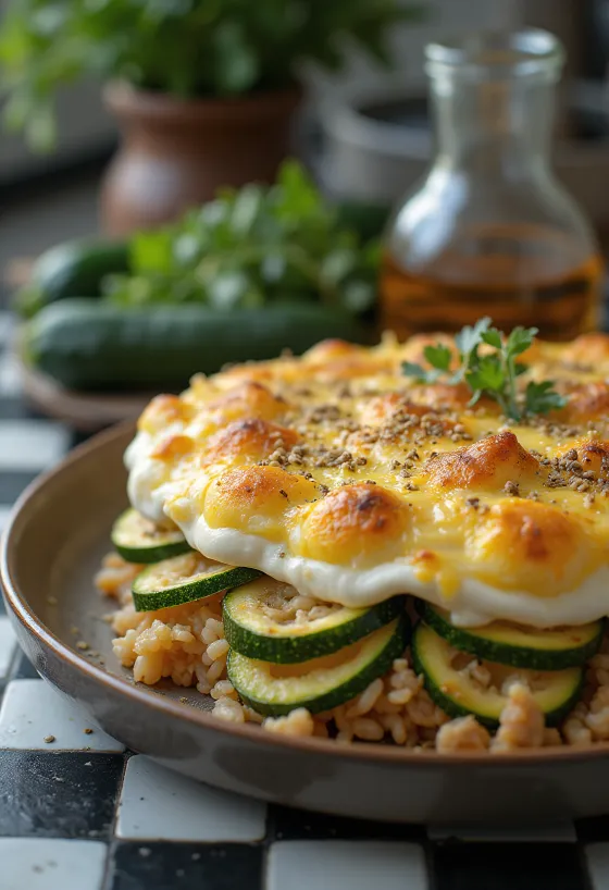 كوسا بالطبقات مع لحم مفروم وكريمة، مخبوزة حتى الاحمرار