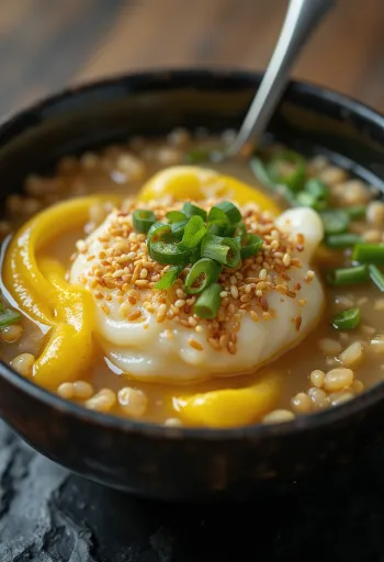 شوربة تاماغوياكي، مقدمة مع قطع البيض، البصل الأخضر الطازج والسمسم