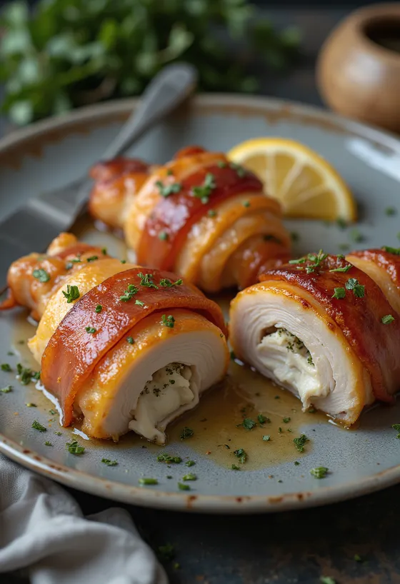 صدور دجاج ملفوفة بالبيكون البقري مقدمة مع خضروات مطهوّة بالبخار