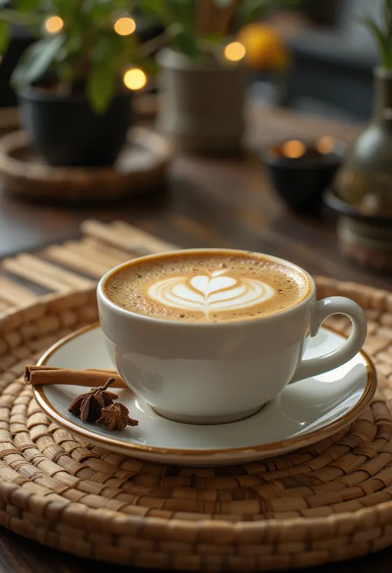 مشروب لاتيه القرفة والقرنفل مزين بعود قرفة وكريمة مخفوقة