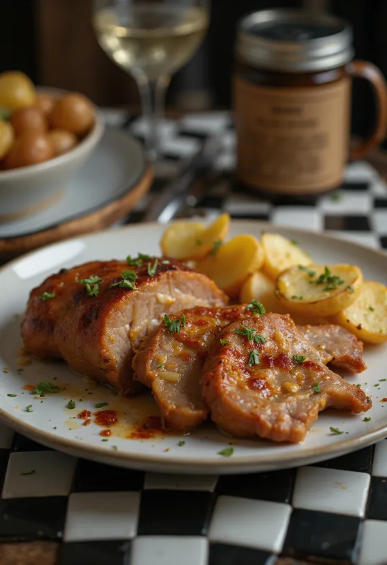 شرائح لحم مشوية بالثوم مقرمشة، تقدم مع أعشاب طازجة