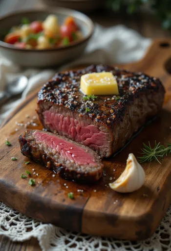 ستيك الكودو مقدم مع شرائح الليمون والخضروات.