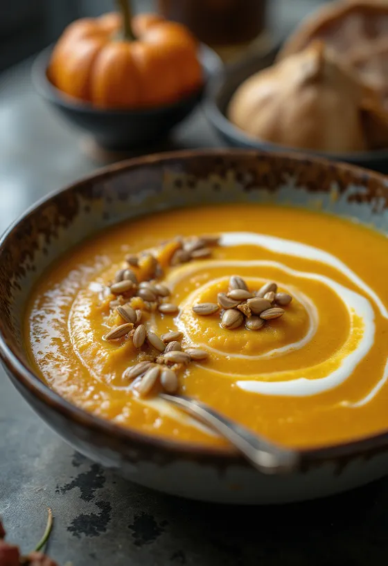 شوربة يقطين كريمية بقوام ناعم وحريري، مزينة ببذور اليقطين المحمصة