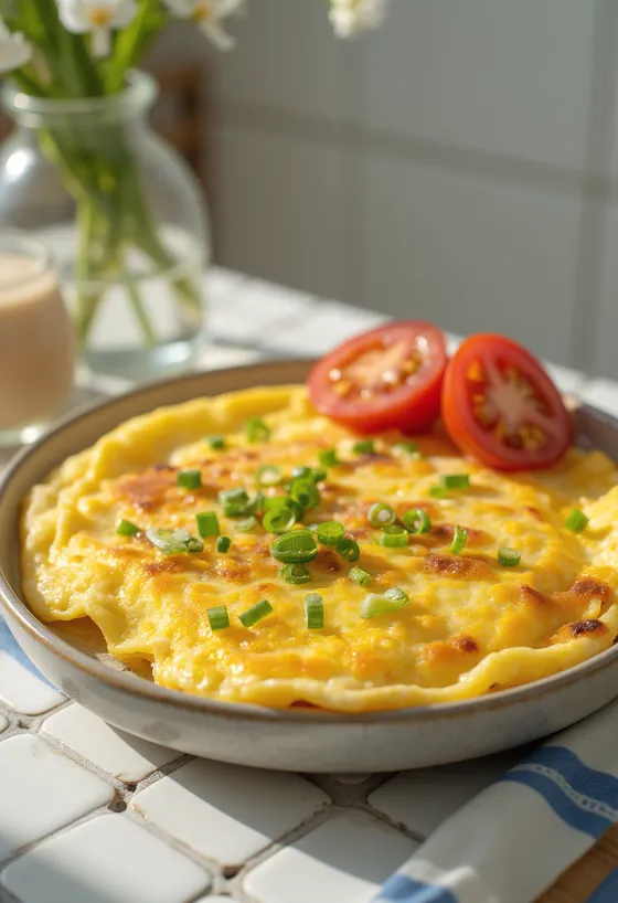 أومليت التوفو، محمر باللون الذهبي، يقدم مع بصل أخضر طازج.