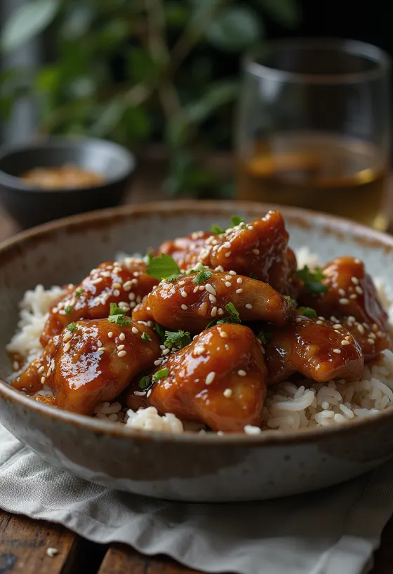 دجاج بالعسل محمر بلون ذهبي، مرشوش بالسمسم وأعشاب طازجة