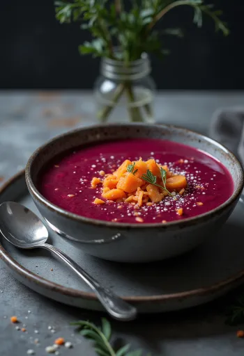 شوربة شمندر وجزر كريمية مقدمة في طبق