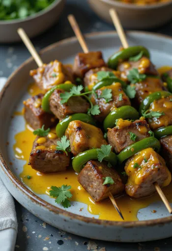 سوساتي بلحم الضأن، لحم مشوي وخضروات، مزين بالكزبرة