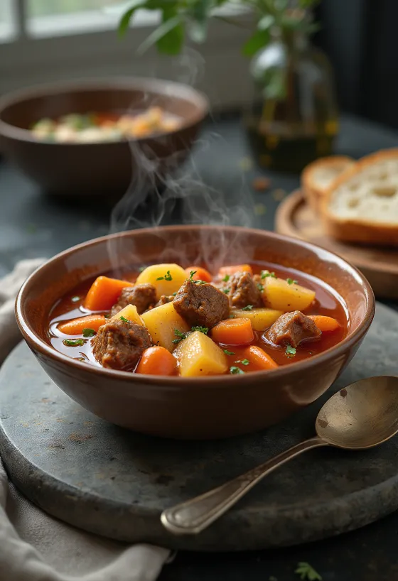 شوربة غولاش تقليدية بقطع لحم غنية وخضروات، متبلة بالبابريكا الحمراء.