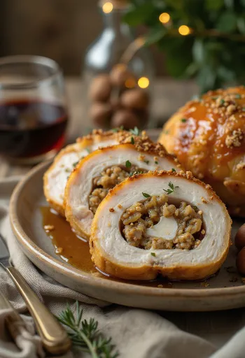 شرائح صدر ديك رومي عصارية محشوة بالكستناء، مقدمة مع خضروات