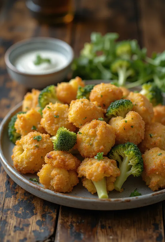 بروكلي مقلي مقرمش بلون ذهبي، مقدم في طبق مع شرائح ليمون طازجة