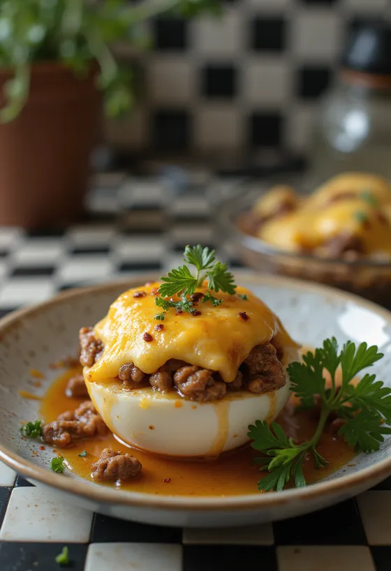 باذنجان محشي بجبن مقرمش على الوجه، مزين بأعشاب طازجة