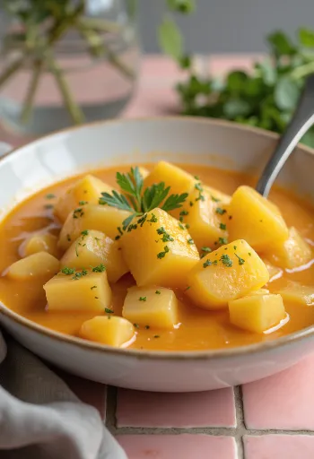 يخنة بطاطس كلاسيكية بتثخين الكريمة الحامضة ومزينة بالبقدونس الطازج.