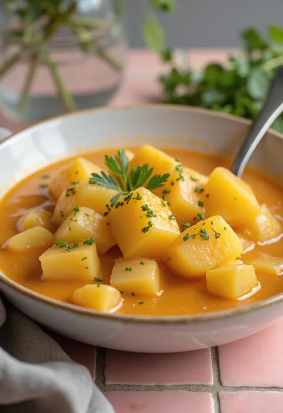 يخنة بطاطس كلاسيكية بتثخين الكريمة الحامضة ومزينة بالبقدونس الطازج.