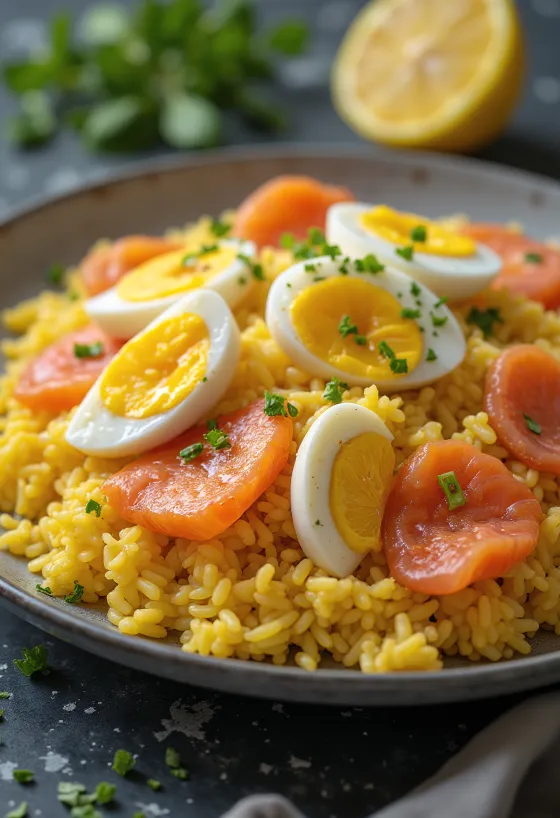 كيدجري بالسلمون، طبق سمك بالكريمة، مقدم مع بيض طازج