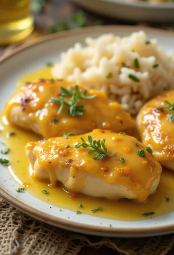 صدر دجاج طري بالعسل والخردل محمر ومقرمش، يُقدم مع خضروات طازجة.