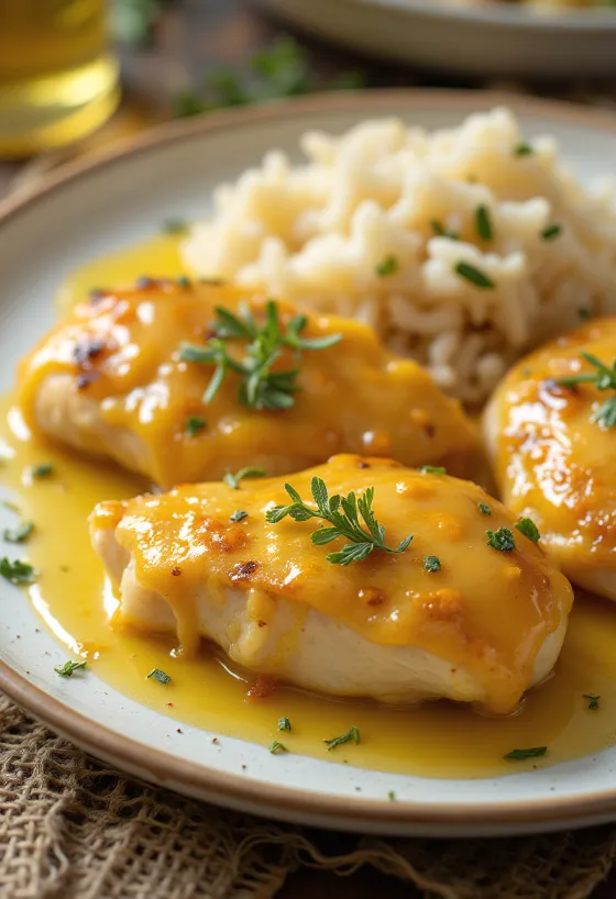 صدر دجاج طري بالعسل والخردل محمر ومقرمش، يُقدم مع خضروات طازجة.