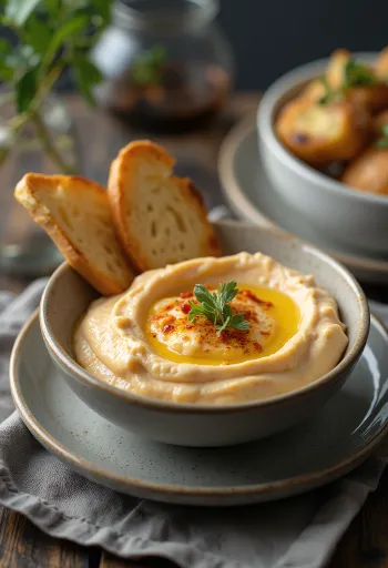 تغميسة الباذنجان مع الفلفل المشوي مقدمة للتقديم