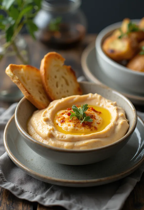 تغميسة الباذنجان مع الفلفل المشوي مقدمة للتقديم