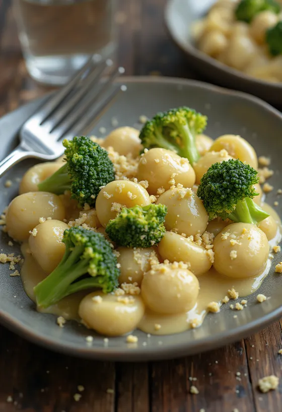 نيوكي نباتي مع البروكلي مقدم بصلصة ثوم كريمية