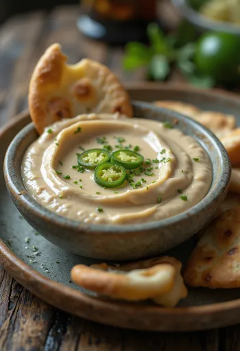 صلصة الطحينة بالليمون والهلابينو مقدمة في طبق