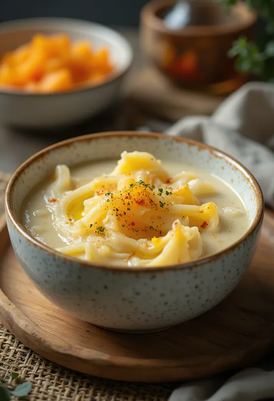 يخنة كوسا كريمية بالشبت والكريمة الحامضة، مقدمة مع خبز طازج مقرمش.