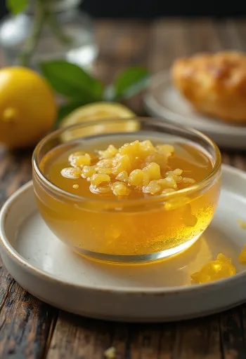 طلاء العسل والليمون بالزنجبيل في وعاء، مزين بشرائح الليمون والزنجبيل.