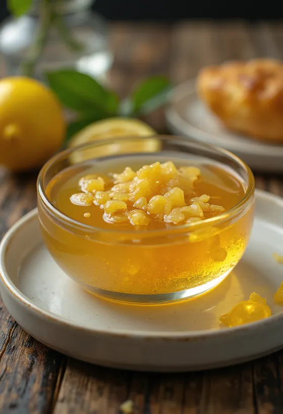 طلاء العسل والليمون بالزنجبيل في وعاء، مزين بشرائح الليمون والزنجبيل.