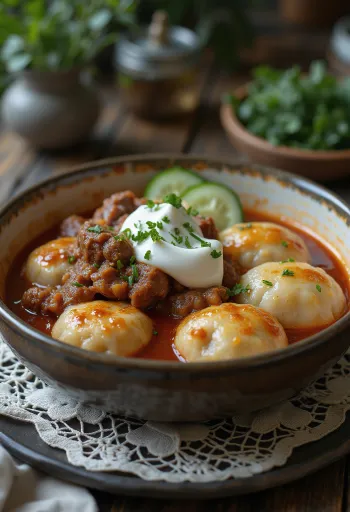 يخنة اللحم مع زلابية الجبن وسلطة الخيار مقدمة