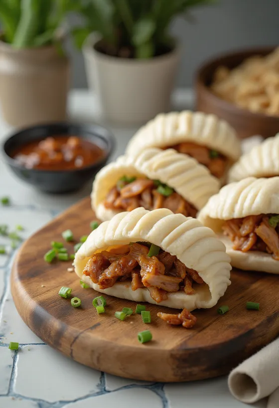 باوزي صيني مبخر بحشوة لحم البط المشوي وصوص الهويسين، مقدم في قدر بخار من الخيزران