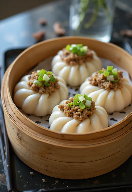 باوزي صيني بحشوة الفطر واللحم، مقدم في قدر بخار من الخيزران