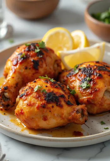 دجاج تندوري مشوي في تتبيلة الزبادي، يُقدم مع أعشاب طازجة