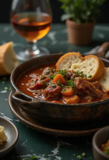 يخنة لحم بقر مع مكعبات لحم عصارية، مقدمة في صلصة بابريكا حمراء