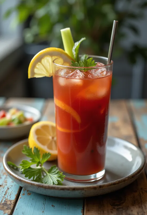 مشروب فيرجن ماري مزين بساق كرفس وشريحة ليمون