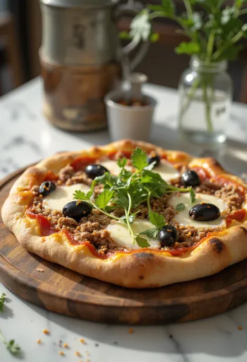 بيتزا على الطراز المغربي بلحم متبل وكمون وهريسة