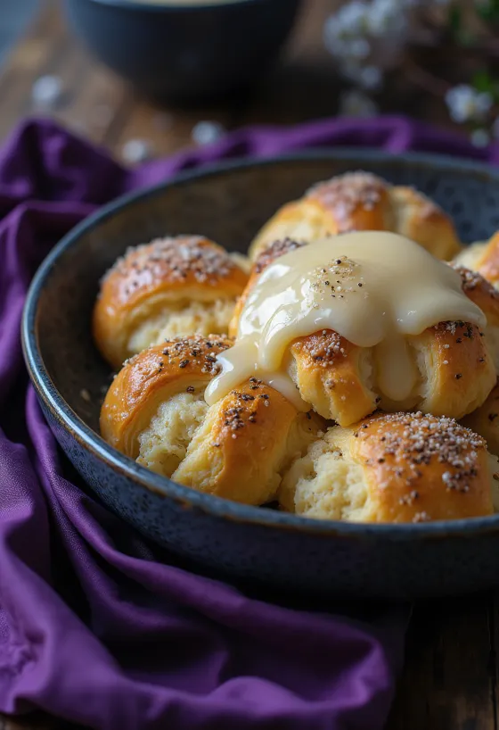 بودينغ خبز بالخشخاش مرشوش بسكر البودرة، ومقدم مع كاسترد الفانيليا