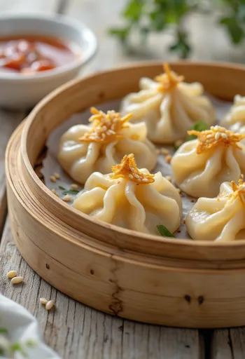 مومو بالدجاج، مطهو بالبخار، يقدم مع السمسم