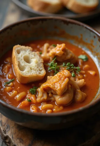 يخنة الكرشة بصلصة حارة غنية بالعصارة، تُقدم مع خبز طازج