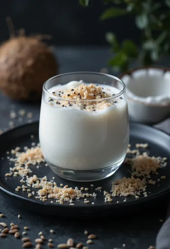 كيفير جوز الهند المخلوط البروبيوتيك في كوب، مع جوز هند مبشور على الوجه